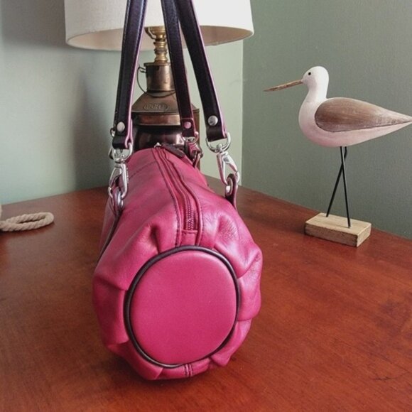 Lauren Ralph Lauren Dark Red Burgundy Leather Barrel Satchel Bag Purse - Picture 5 of 16